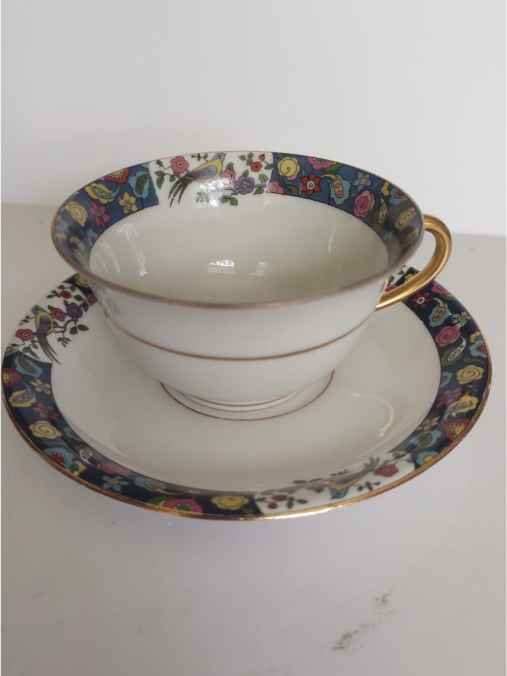 Antique Jean Pouyat Limoges (JPL) flowers and birds teacup and saucer 1930's